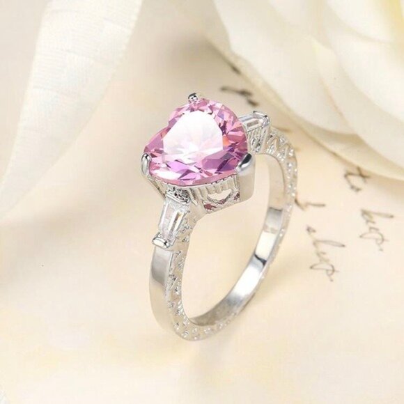 Pink Zircon Heart Sterling Silver Plated Ring size 9 - Picture 4 of 10